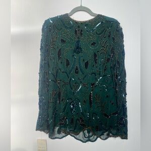Elegant Green Sequin Embellished Women's Top XL **rip spot**